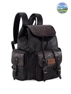 Western Floral Tooled Backpack Purse, Faux Leather, Adjustable Straps, Laptop